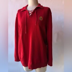 Lauren Ralph Lauren Red Lace-Up Cotton Sweater XL Crest Logo Pullover